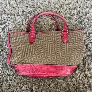 Tan Nine West purse with Hot pink crocodile trim and handle